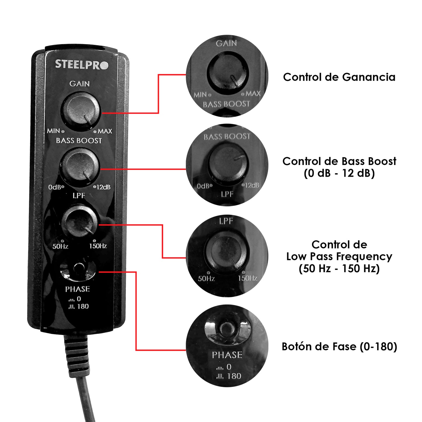 Subwoofer amplificado 10 Pulg 5 canales, 3 Tipos de Conexión, RCA, Hi-Low y Android Plug & Play Ready , Control Remoto 4 Funciones /Potencia MAX 4x300W + 1x800W /RMS 4x200W + 1x400w,Axel by STEELPRO