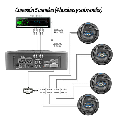 Subwoofer amplificado 10 Pulg 5 canales, 3 Tipos de Conexión, RCA, Hi-Low y Android Plug & Play Ready , Control Remoto 4 Funciones /Potencia MAX 4x300W + 1x800W /RMS 4x200W + 1x400w,Axel by STEELPRO