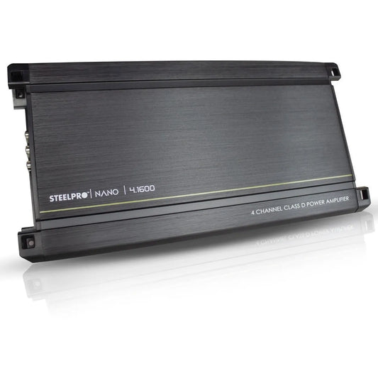 Amplificador Nano 4.1600 4 Canales Steelpro , para Bocinas/Medios Rangos , Full Range 4/2 Ohms Estable, Alto Rendimiento Open SHOW, Crossover HPF/LPF/ FULL, Modo Bridge para bajos / Bass Boost 6dB