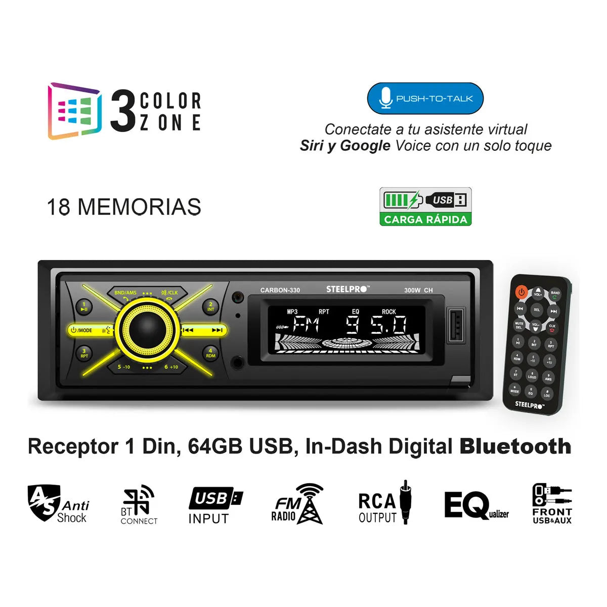 Autoestereo Caratula Desmontable Steelpro Bluetooth Usb Aux