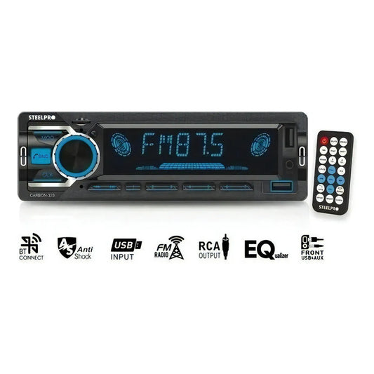 Autoestéreo 1 din Bluetooth Multicolor, Manos Libres, USB, Auxiliar, SD Card, Radio FM, Salidas RCA, 18 Memorias con Ecualizador Preestablecido, Pantalla LCD, CARBON-323 STEELPRO.