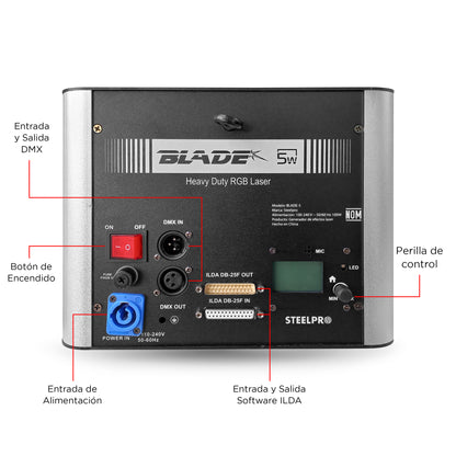Láser Profesional BLADE-5W Steelpro RGB 5000mW: Efectos 2D, Animación y Dibujo, 10/18 Canales DMX, Control Audiorítmico y Maestro/Esclavo, 5W de Potencia Real para Eventos y Escenarios de Alto Impacto