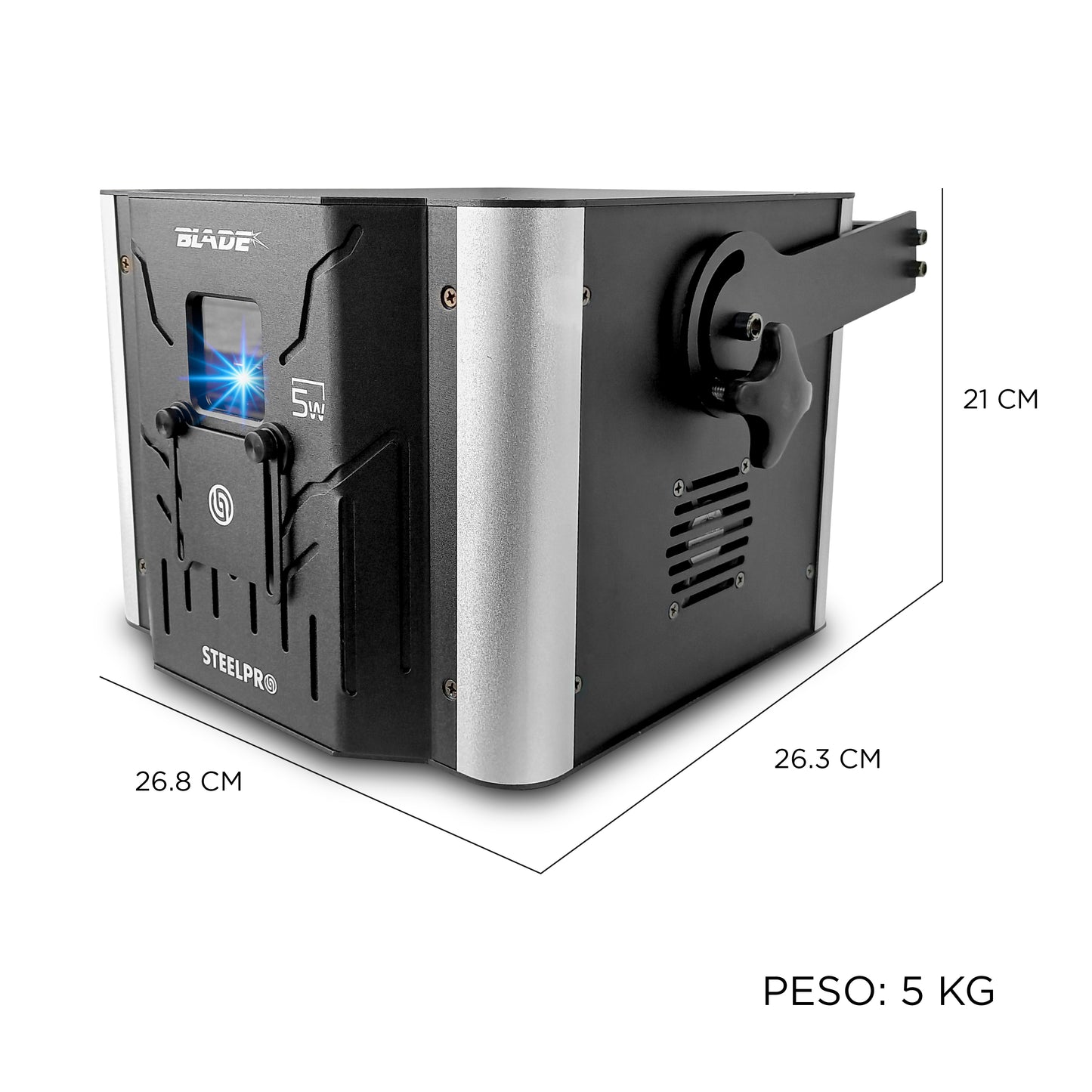 Láser Profesional BLADE-5W Steelpro RGB 5000mW: Efectos 2D, Animación y Dibujo, 10/18 Canales DMX, Control Audiorítmico y Maestro/Esclavo, 5W de Potencia Real para Eventos y Escenarios de Alto Impacto