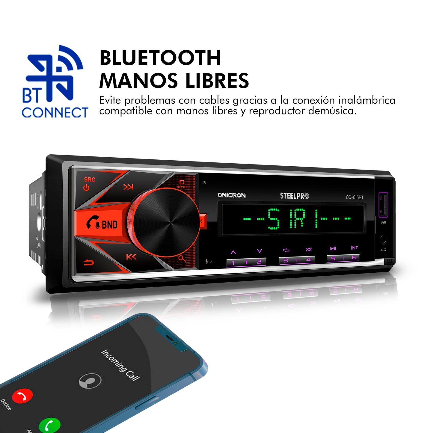 Autoestéreo 1 Din Steelpro OC-015BT Bluetooth 100W x4 USB FM RCA Subwoofer Carátula Desmontable