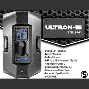 Bafle Steelpro Ultron 15 Negro, Bi-amplificado, 600w Rms, Subwoofer Activo, Con Bluetooth Y Pantalla