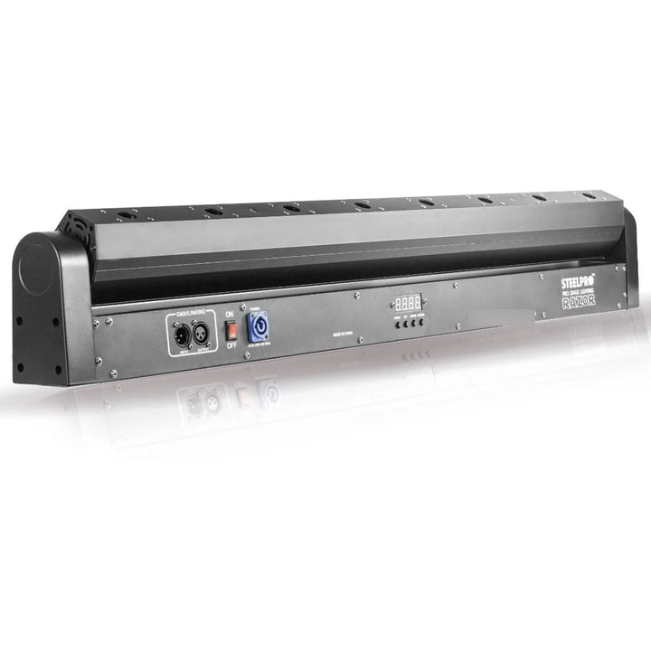 Barra Láser Rojo Steelpro RAZOR 4W Profesional: 8 Diodos de 500mW, Control DMX de 6/14 Canales, Modos: DMX, Automático, Audio rítmico y Maestro/Esclavo, Efectos de Dimmer y Estrobo, Peso 6.34 Kg.