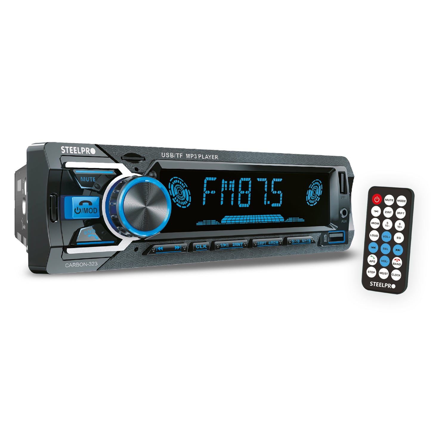 CARBON-323 Autoestéreo 1 DIN Bluetooth USB SD FM Manos Libres Pantalla LCD RCA Multicolor Steelpro