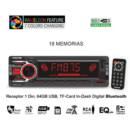 CARBON-323 Autoestéreo 1 DIN Bluetooth USB SD FM Manos Libres Pantalla LCD RCA Multicolor Steelpro