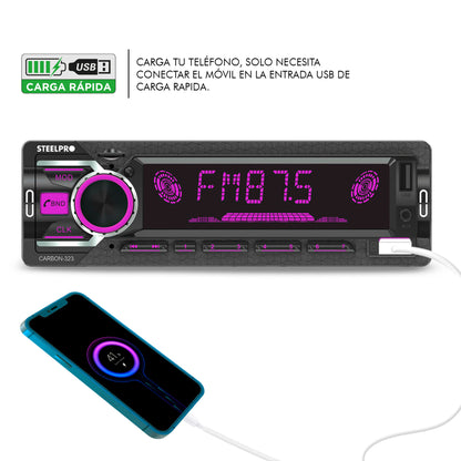 CARBON-323 Autoestéreo 1 DIN Bluetooth USB SD FM Manos Libres Pantalla LCD RCA Multicolor Steelpro