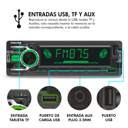 CARBON-323 Autoestéreo 1 DIN Bluetooth USB SD FM Manos Libres Pantalla LCD RCA Multicolor Steelpro