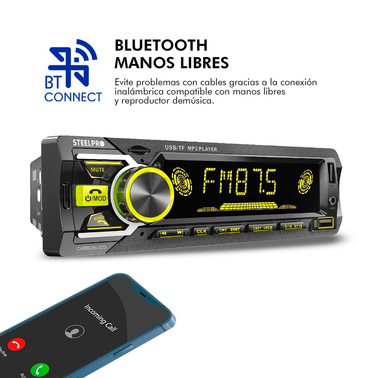 CARBON-323 Autoestéreo 1 DIN Bluetooth USB SD FM Manos Libres Pantalla LCD RCA Multicolor Steelpro