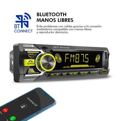 CARBON-323 Autoestéreo 1 DIN Bluetooth USB SD FM Manos Libres Pantalla LCD RCA Multicolor Steelpro