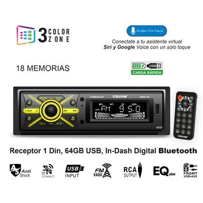 Autoestéreo 1 DIN Bluetooth CARBON-330 Steelpro USB FM Aux Carátula Desmontable Push To Talk Multicolor