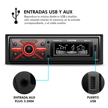 Autoestéreo 1 DIN Bluetooth CARBON-330 Steelpro USB FM Aux Carátula Desmontable Push To Talk Multicolor