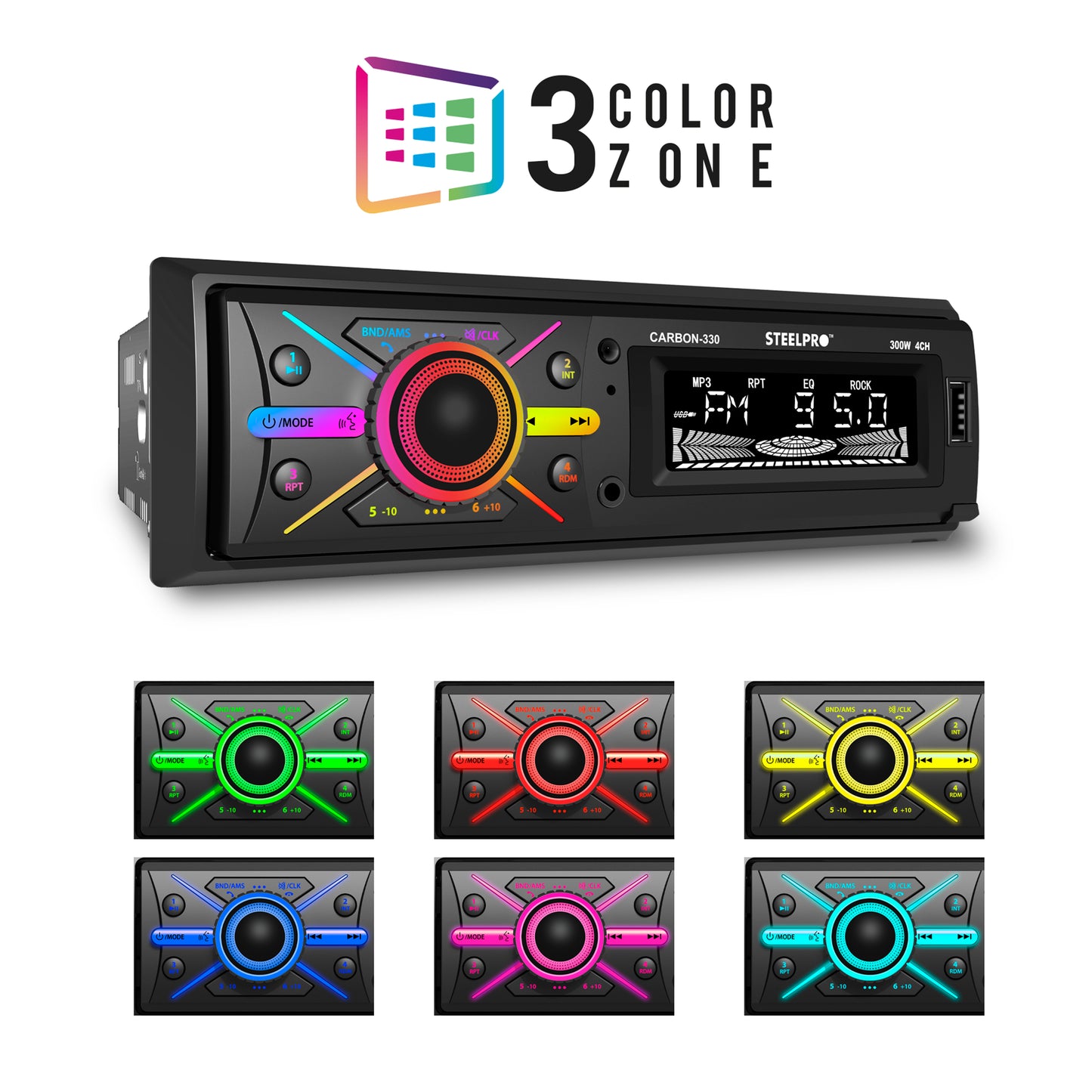 Autoestéreo 1 DIN Bluetooth CARBON-330 Steelpro USB FM Aux Carátula Desmontable Push To Talk Multicolor