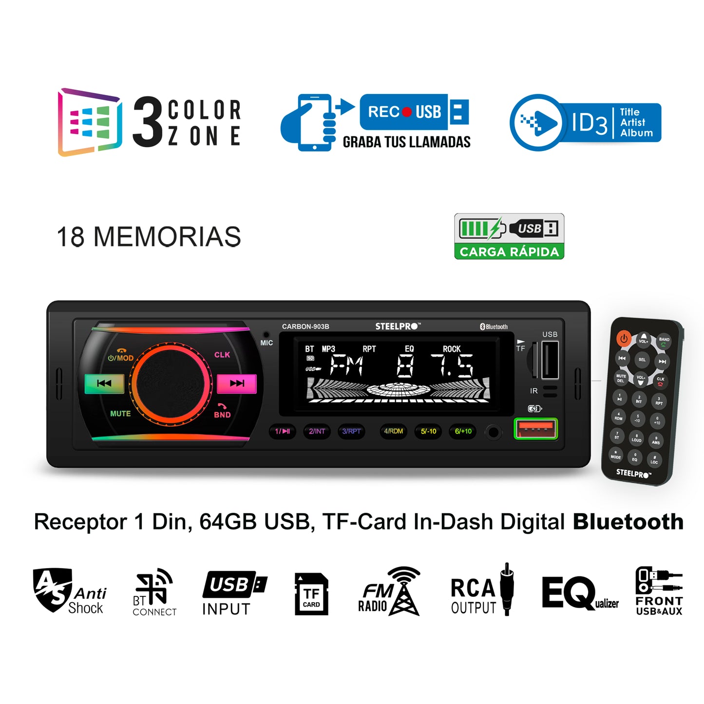 Steelpro Technologies Carbon-903b Autoestereo Bluetooth Usb Multicolor