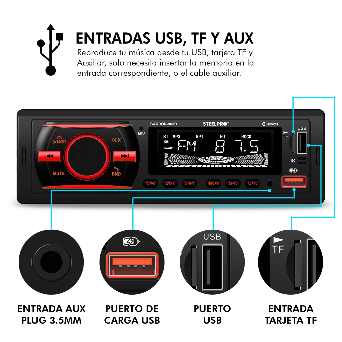 Steelpro Technologies Carbon-903b Autoestereo Bluetooth Usb Multicolor