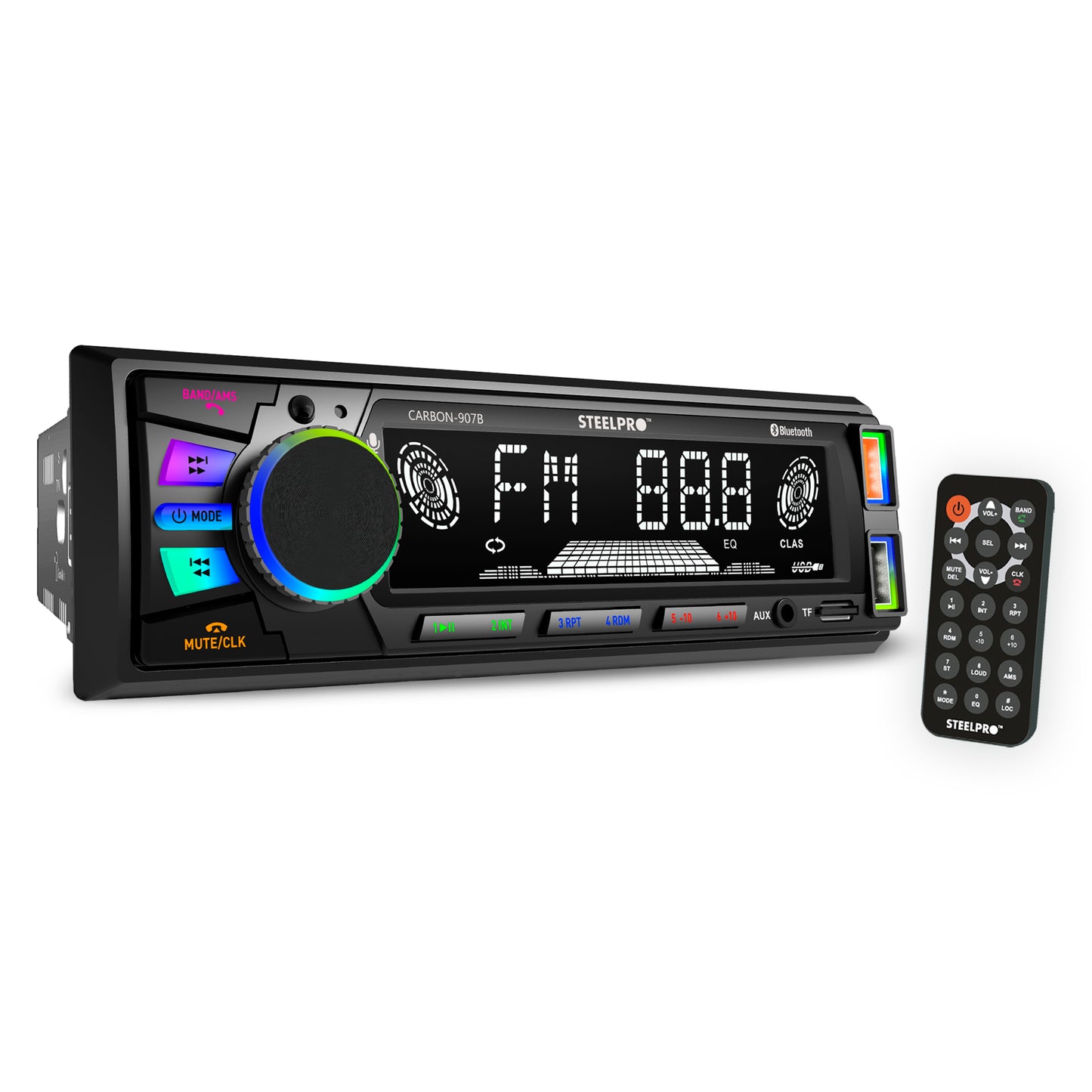Autoestéreo Bluetooth Multicolor de 3 zonas, Siri y Google voice, USB, Auxiliar, SD Card, Radio FM, Salidas RCA, 18 Memorias con Ecualizador Preestablecido, Pantalla LCD, CARBON-907B.