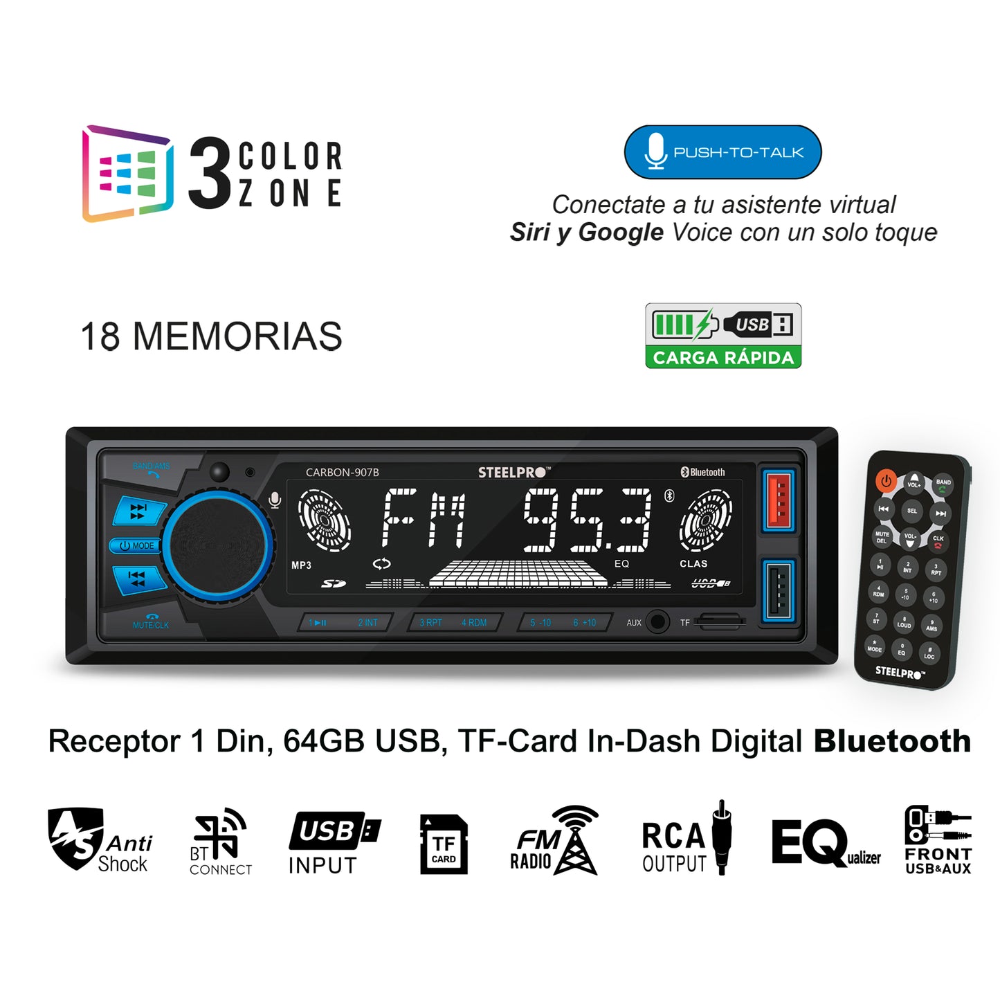 Autoestéreo Bluetooth Multicolor de 3 zonas, Siri y Google voice, USB, Auxiliar, SD Card, Radio FM, Salidas RCA, 18 Memorias con Ecualizador Preestablecido, Pantalla LCD, CARBON-907B.