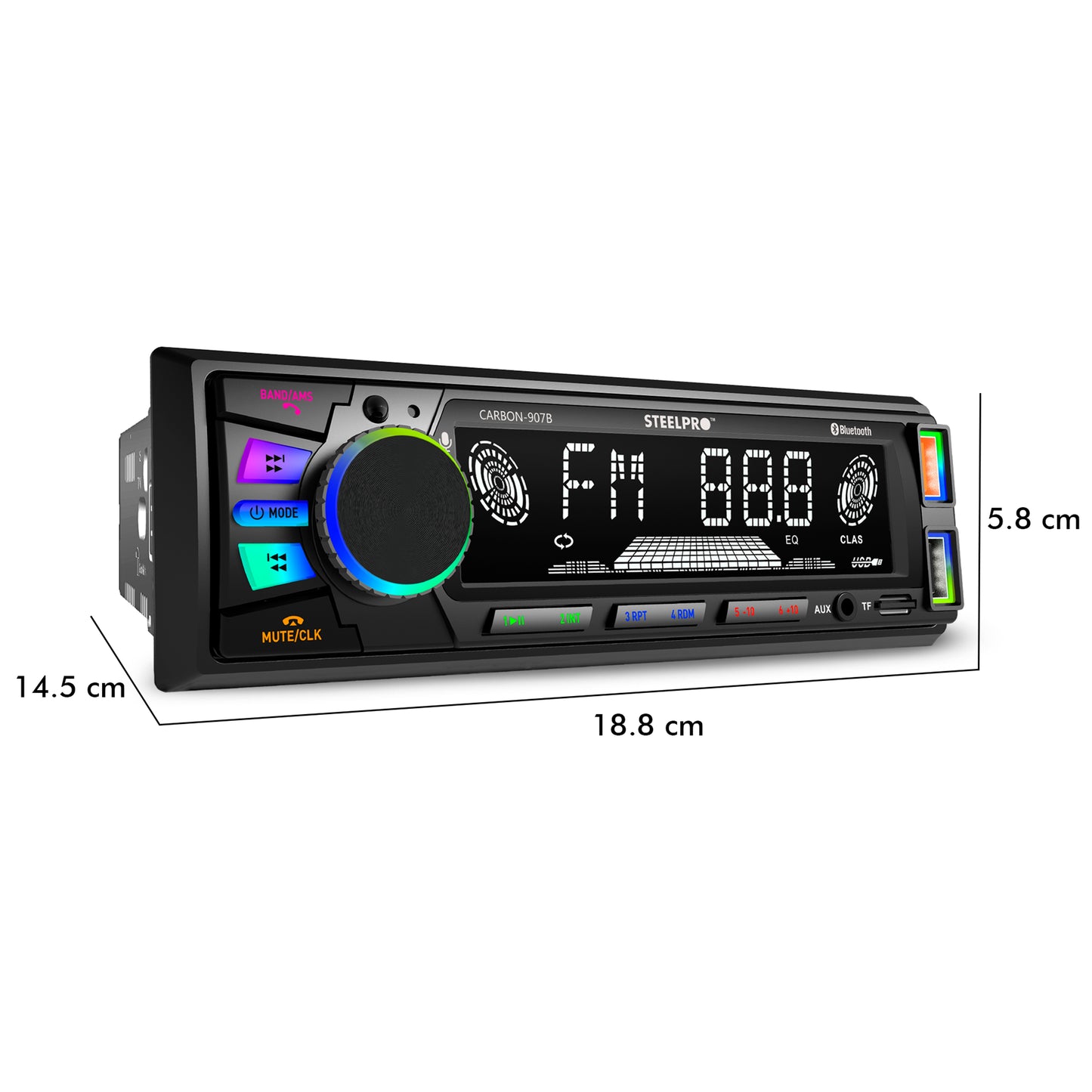Autoestéreo Bluetooth Multicolor de 3 zonas, Siri y Google voice, USB, Auxiliar, SD Card, Radio FM, Salidas RCA, 18 Memorias con Ecualizador Preestablecido, Pantalla LCD, CARBON-907B.