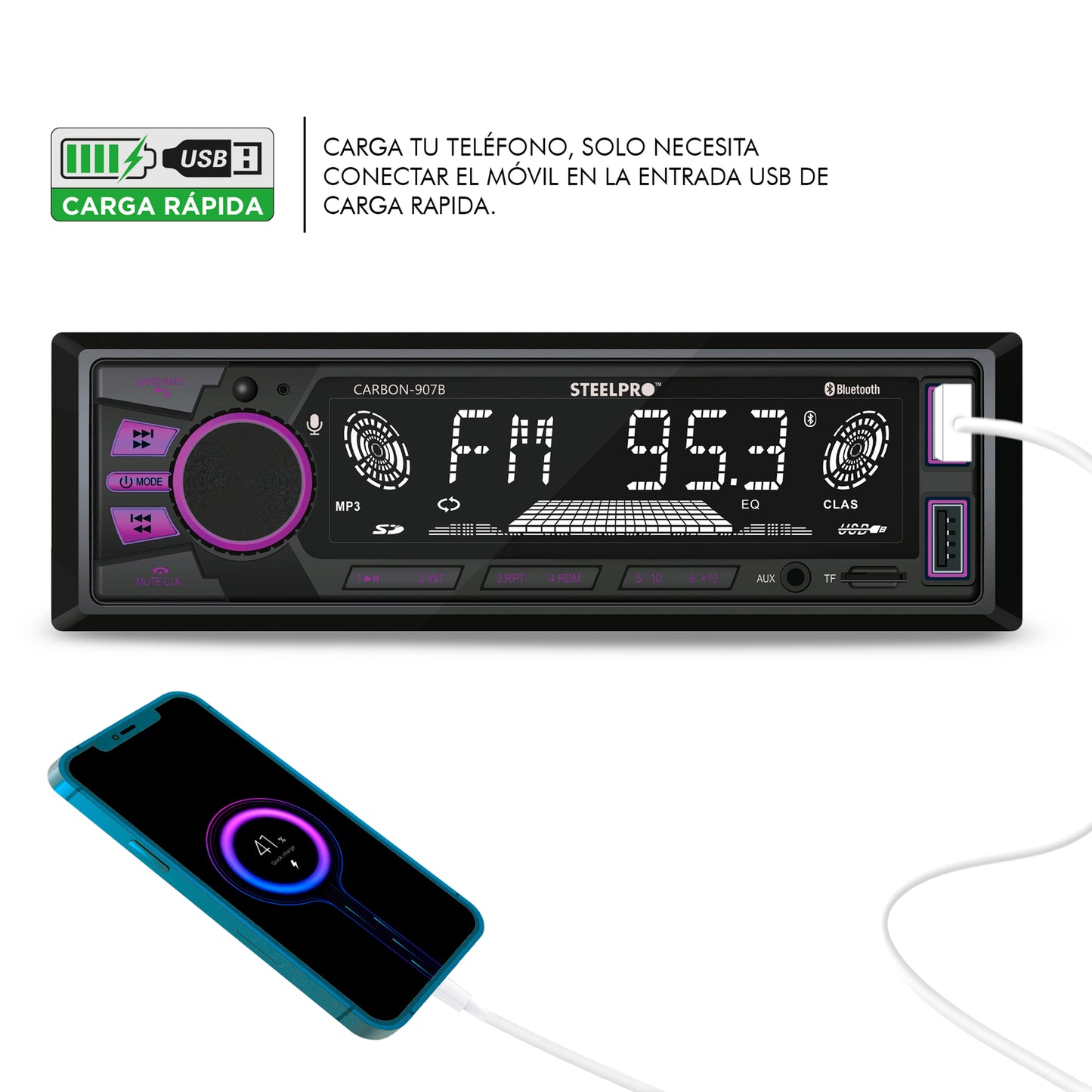 Autoestéreo Bluetooth Multicolor de 3 zonas, Siri y Google voice, USB, Auxiliar, SD Card, Radio FM, Salidas RCA, 18 Memorias con Ecualizador Preestablecido, Pantalla LCD, CARBON-907B.