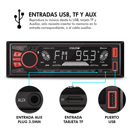 Autoestéreo Bluetooth Multicolor de 3 zonas, Siri y Google voice, USB, Auxiliar, SD Card, Radio FM, Salidas RCA, 18 Memorias con Ecualizador Preestablecido, Pantalla LCD, CARBON-907B.