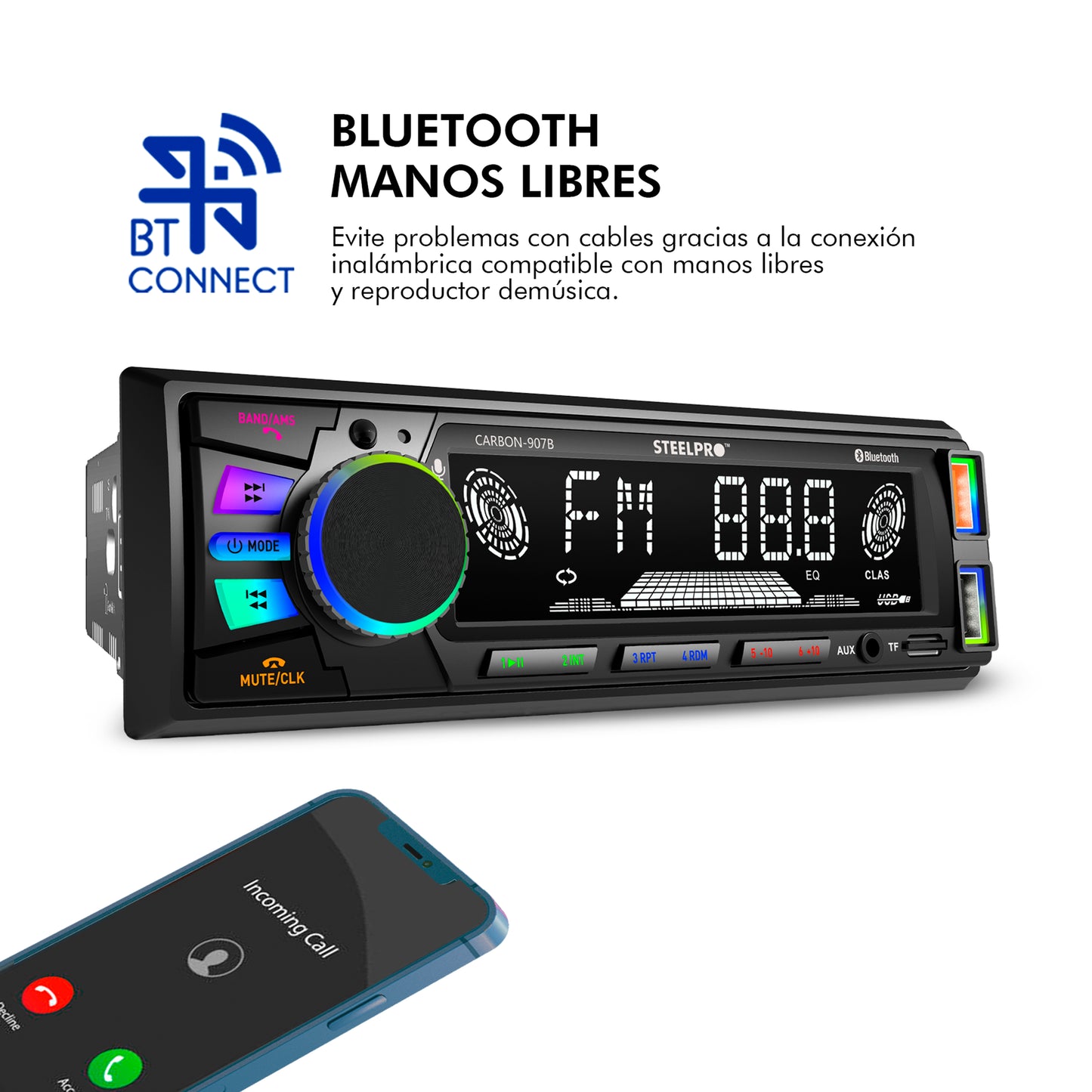Autoestéreo Bluetooth Multicolor de 3 zonas, Siri y Google voice, USB, Auxiliar, SD Card, Radio FM, Salidas RCA, 18 Memorias con Ecualizador Preestablecido, Pantalla LCD, CARBON-907B.