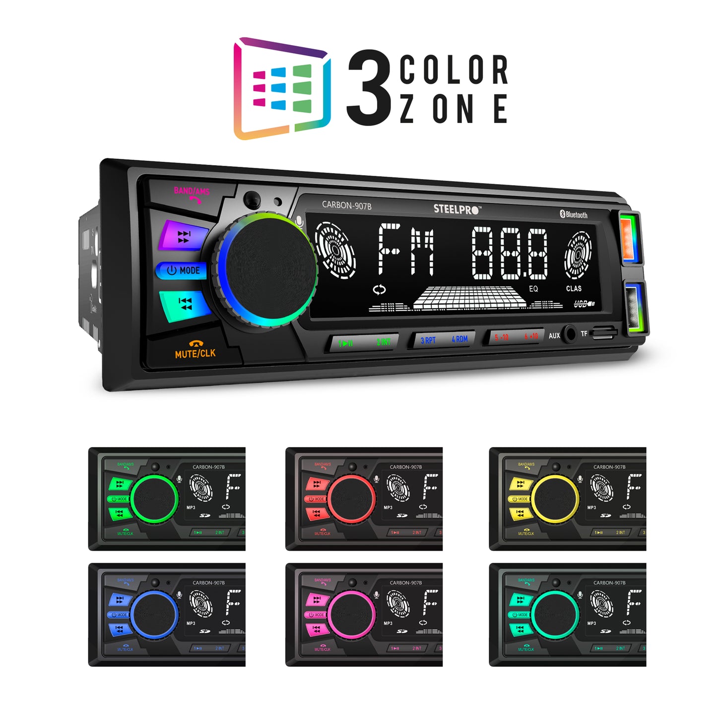 Autoestéreo Bluetooth Multicolor de 3 zonas, Siri y Google voice, USB, Auxiliar, SD Card, Radio FM, Salidas RCA, 18 Memorias con Ecualizador Preestablecido, Pantalla LCD, CARBON-907B.