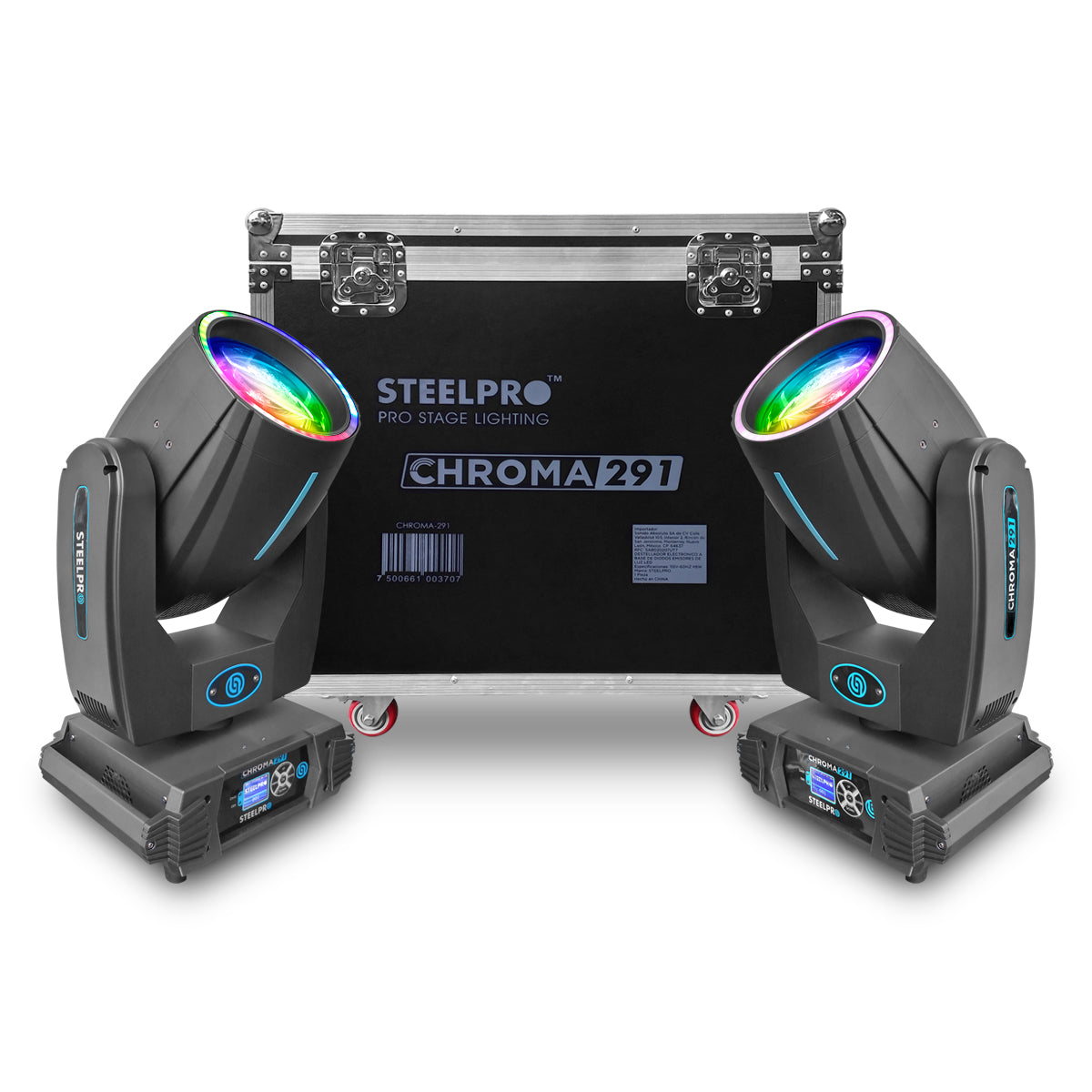 CHROMA-291 Set de 2 Cabezas Robóticas Beam 291w Aro SMD Con Case Steelpro