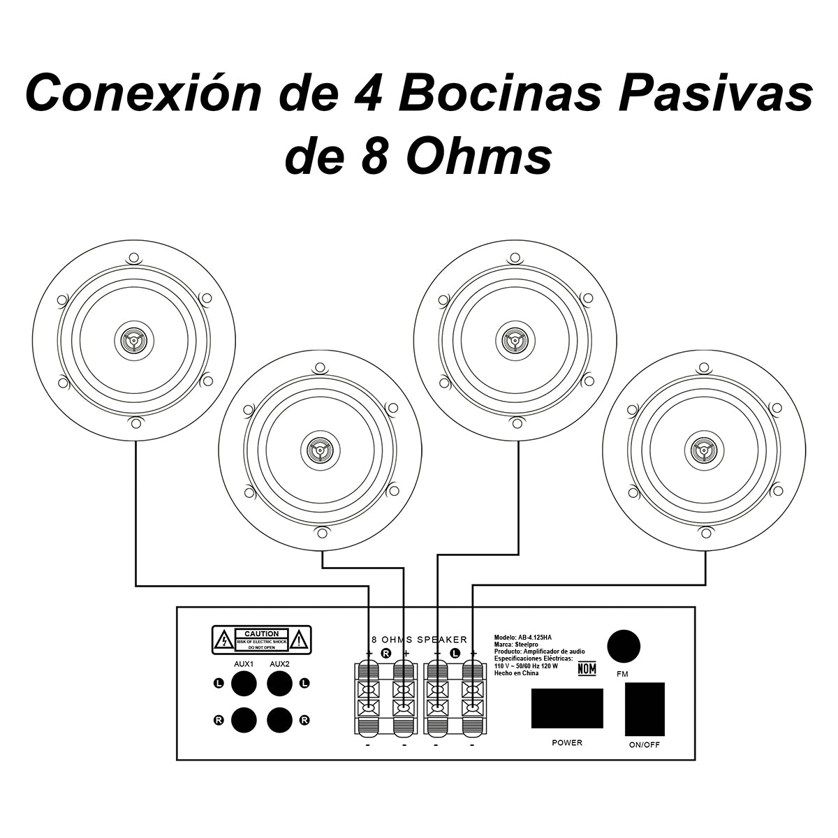 AB4125-CS65PK4 Kit Amplificador 4x125W Bluetooth + 4 Bocinas Plafón 6.5" 400W RMS Steelpro