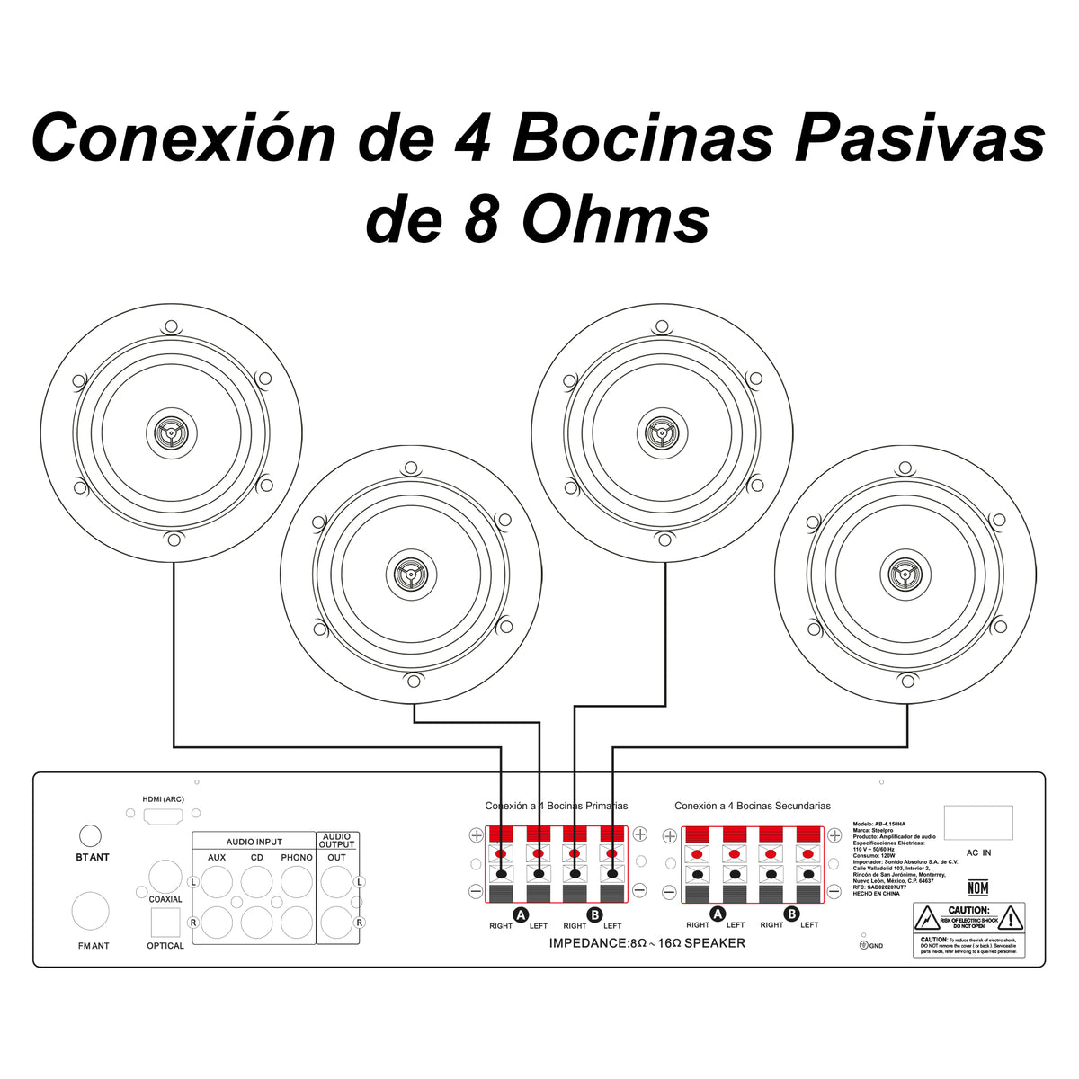 AB4150-CS65PK4 Kit Amplificador 600W Zona A/B Bluetooth USB DAC + 4 Bocinas Plafón 6.5" Tweeter Titanio Audio Ambiental Profesional Steelpro