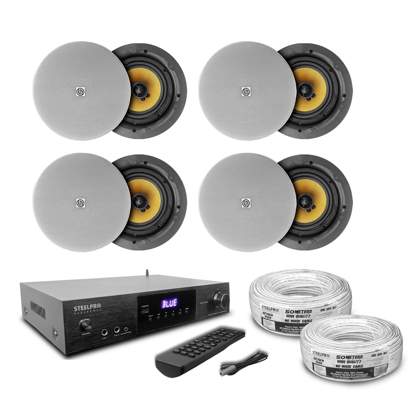 Kit Amplificador Bt 600w 8 Bocinas Ambiental 6.5 By Steelpro Negro 600 W