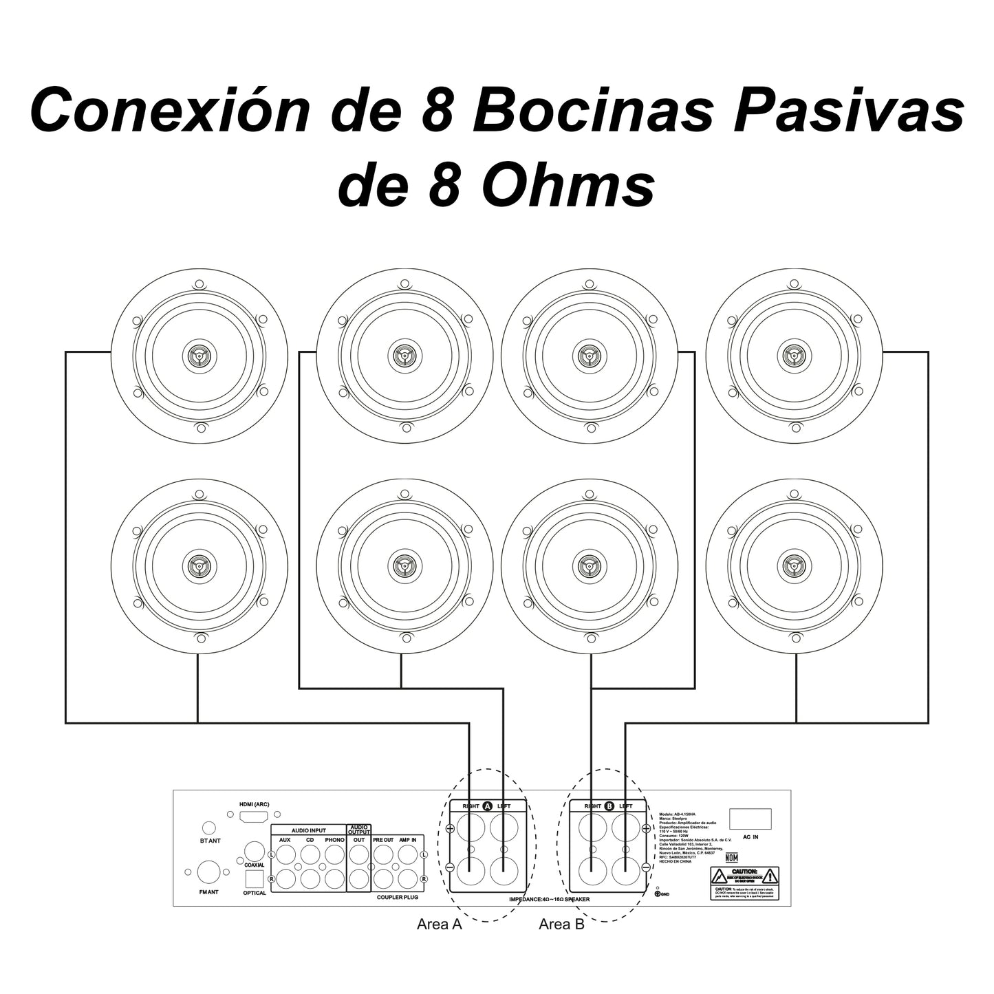 Kit Amplificador Bt 600w 8 Bocinas Ambiental 6.5 By Steelpro Negro 600 W