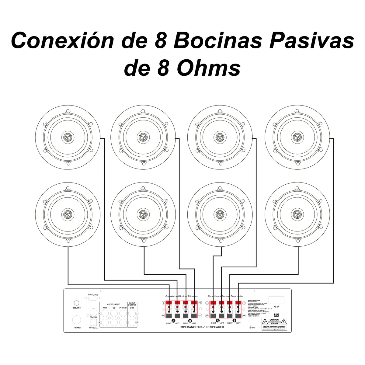 AB4150-CS65PK8 Kit Amplificador 600W con 8 Bocinas para Plafón 6.5" Casa Negocio Steelpro