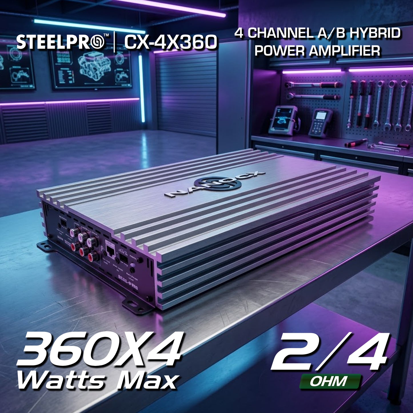 Amplificador 4 Canales Híbrido A/B 360WX4 Steelpro CX-4X360