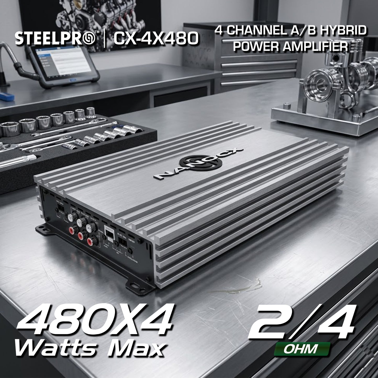 Amplificador 4 Canales Híbrido A/B 480WX4 Steelpro CX-4X480