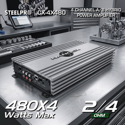 Amplificador 4 Canales Híbrido A/B 480WX4 Steelpro CX-4X480