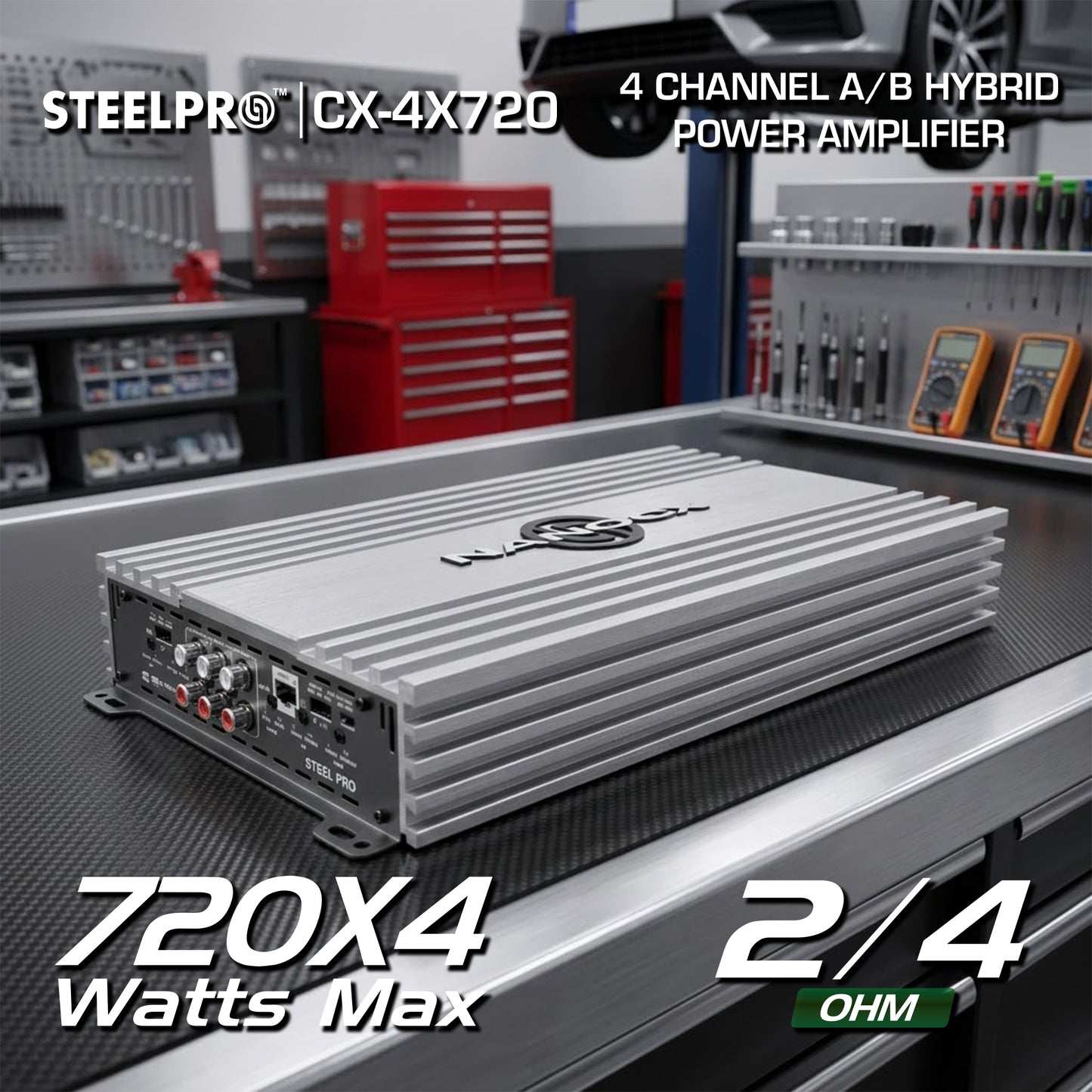 Amplificador 4 Canales Híbrido A/B 720WX4 Steelpro CX-4X720