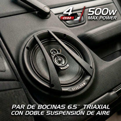 CX-6563 Par De Bocinas Para Auto 6.5 PuLG 500w Max 3 Vías Steelpro