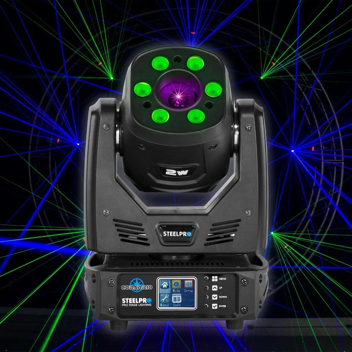 Corsario cabeza Movil 2 En 1 Laser 2w Rgb + 6 Wash 10w Rgbw Steelpro