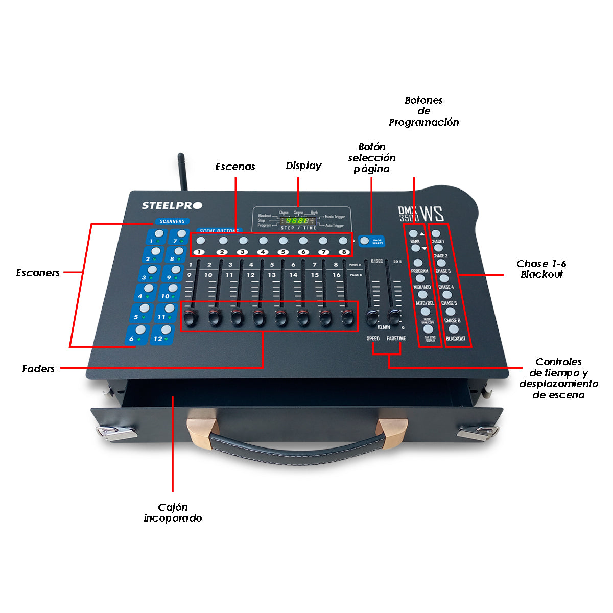 DMX3500-WS Controlador Profesional DMX 192 Canales Con Caja Incorpotada y Antena Transmisora Steelpro