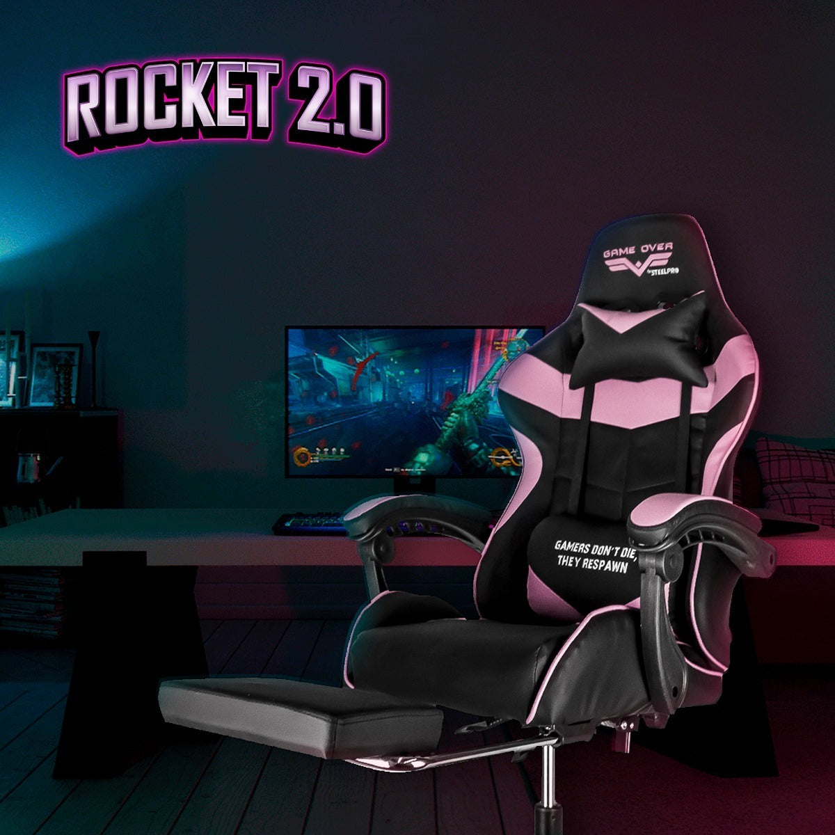 Silla De Escritorio Steelpro Rocket 2.0 Gamer Ergonómica Negra Y Rosa Con Tapizado De Cuero Sintético