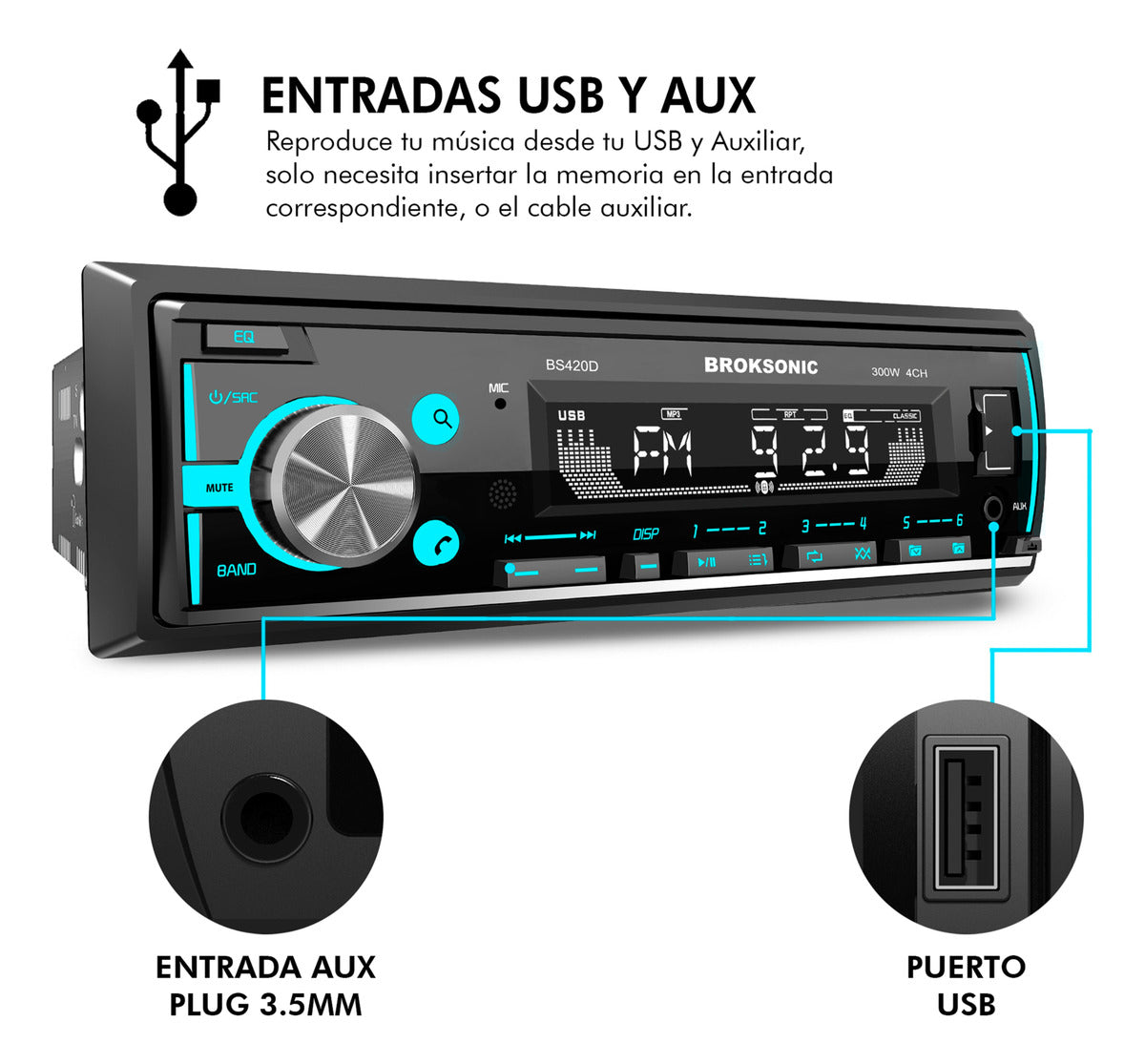 Autoestereo Desmontable Bocinas6.5 3vias Broksonic Bs-420d65