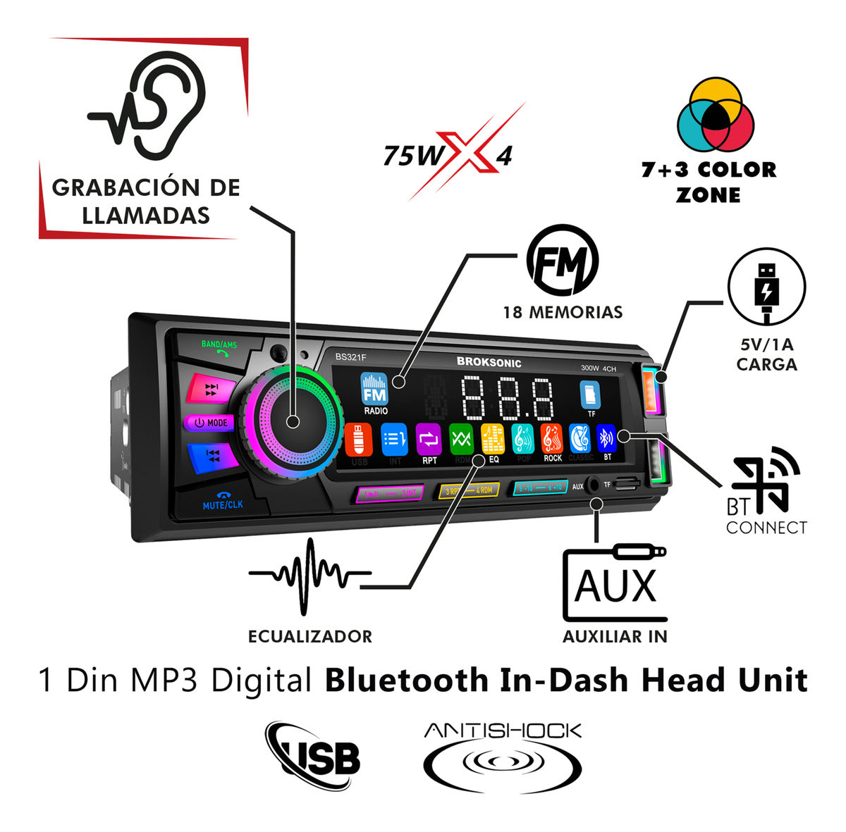 Autoestereo Bocinas 6.5 3 Vias Bluetooth Broksonic Bs-321f65