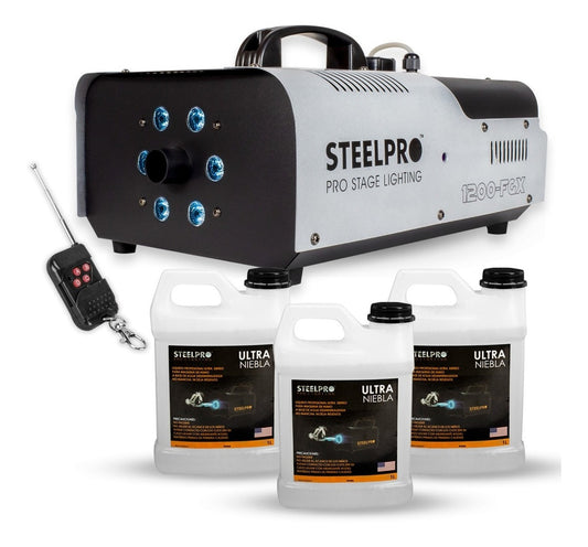 Maquina De Humo Dmx 1200w Led Rgb + Liquido Humo 3l Steelpro