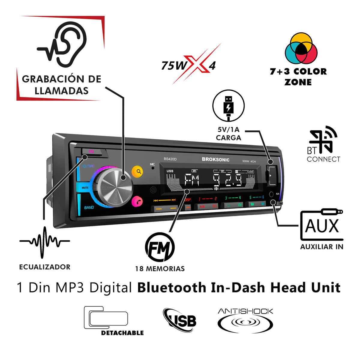 Autoestereo Desmontable Bocinas6.5 3vias Broksonic Bs-420d65