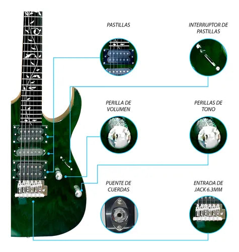 Paquete Guitarra Electrica Jethro Series By Steelpro 044 Color Verde Oscuro Diapasón de Álamo Negro para Diestro