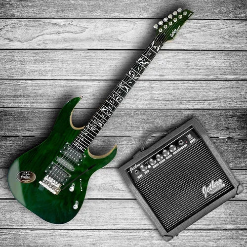 Paquete Guitarra Electrica Jethro Series By Steelpro 044 Color Verde Oscuro Diapasón de Álamo Negro para Diestro