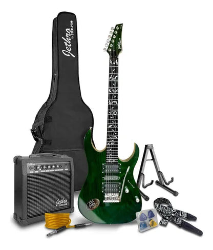 Paquete Guitarra Electrica Jethro Series By Steelpro 044 Color Verde Oscuro Diapasón de Álamo Negro para Diestro