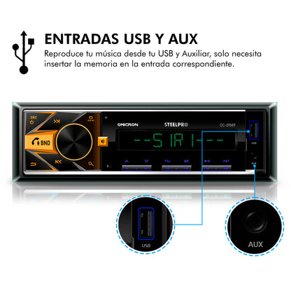 Autoestéreo 1 Din Steelpro OC-015BT Bluetooth 100W x4 USB FM RCA Subwoofer Carátula Desmontable